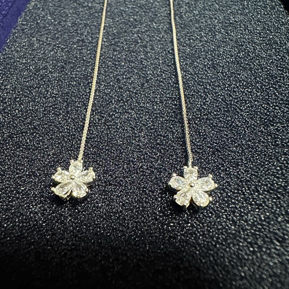 925 Silver Glamorous CZ Flower Drop Thread Earrings - Picture 7 of 15